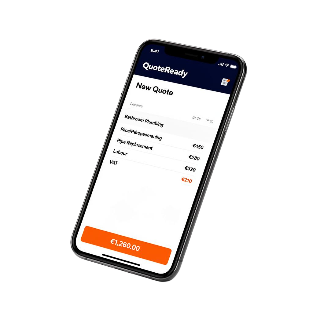 QuoteReady app on a phone, showing a verified quote with line items and total